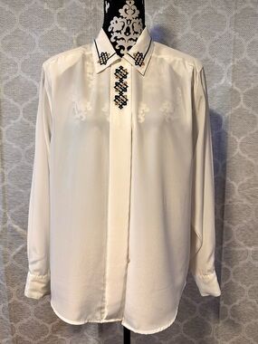 VTG Le Caviar Cream Long Sleeve Blouse w/Green/Gold Embroidered Collar size 16